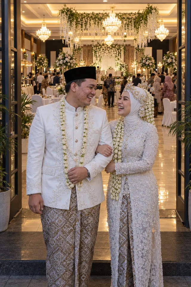 Nadia dan Raka tertawa di pintu gedung setelah resepsi, Nadia menggandeng lengan Raka